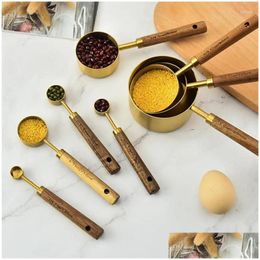 Measuring Tools Eight-Piece Set Kitchen Baking Tool Scale Spoon Acacia Wooden Handle Stainless Steel Cup Drop Delivery Home Garden Din Dhgxm