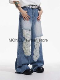 Men's Jeans High street hip-hop vintage light blue raw edge ripped jeans women y2k baggy jean straight fashion trendy high waist jeans womenH24123