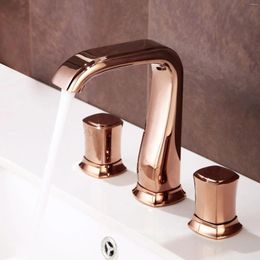 Bathroom Sink Faucets Luxury Rose Gold Brass Faucet Top Quality Three Holes Double Handle Basin Mixer Tap