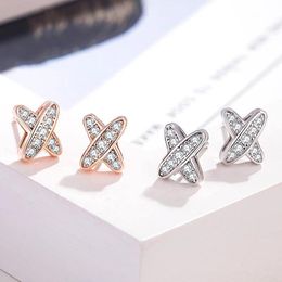 Earrings 925 Sterling Silver Full Diamonds Xshaped Cross Earings For Women Rose Gold Ear Stud France Luxury Brand Fine Jewelry Gifts