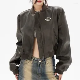 Women's Leather Vintage Streetwear Jacket Motorcycle Women PU Coat Zipper Short Tops Y2k Clothing Long Sleeve Outerwear