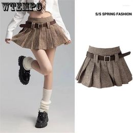 Skirts Plaid Pleated Skirt Gift Belt Thin A-word Version Women High Waist Built-in Shorts Sweet American Preppy Style Spring Summer