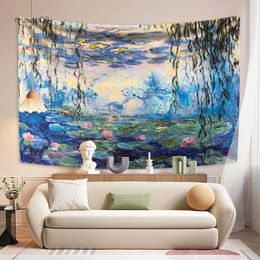 Tapestries XxDeco Monet Impressionism Oil Painting Tapestry Water Lily Printed Room Decors Aesthetic Wall Hanging Living Room Background