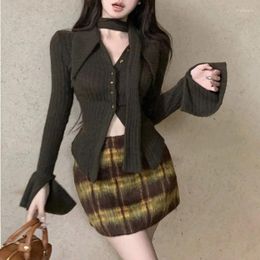 Work Dresses Vintage Korean Retro High Street Knit Sweater Cardigan With Scarf Plaid Short Skirt Suit 2 Pieces Sets Y2k