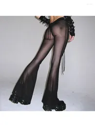 Women's Pants 2024 Dark Y2k Retro Mesh Drawstring Flare Gothic Punk Sexy V-cut Low Waist Grunge See Through Night Club Bell Bottom