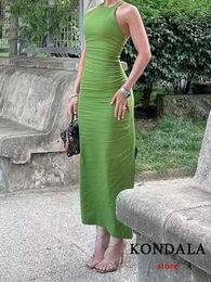 Casual Dresses KONDALA Vintage Chic Women Dress Green Solid Halter Backless Slim Straight Long Fashion 2024 Summer Vestidos