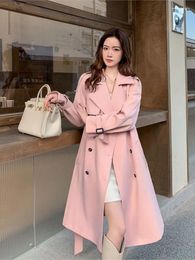 Women's Trench Coats Pink Casual OL Windbreaker Women Autumn 2024 Double Breasted Loose Long Coat Vintage Korean Street Outwears