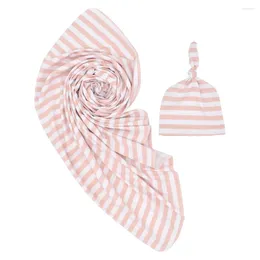 Blankets 2-Piece Baby Receiving Cotton Gauze Blanket Striped Towel Cap For Born Muslin Diaper Bedding Cover 80X80CM