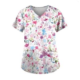 Women's T Shirts 2024 Women Short Sleeve V-neck Tops Uniform Working Blouse Floral Printing Pocket Work Wear Uniforme De Enfermera