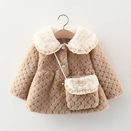 2-piece baby girl artificial fur coat+bag winter sweet large lapel and cotton long sleeved medium length coat 240123