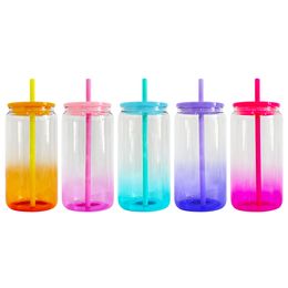 Elegant Shaped Drinking Glasses blank sublimation clear transparent colored ombre gradient jelly 16oz beer soda glass can with colorful plastic lids,sold by case