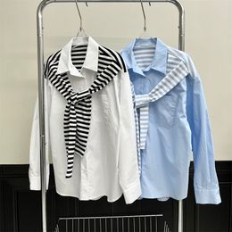 Women's Blouses Shirts Women Fashion Striped Fake Two Pieces Print Shirt Lady Long Sleeve Blouse Turn Down Collar Ruched Button Design Casual Tops