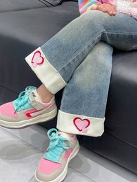 Fashion kids letter love heart embroidery jeans girls elastic waist loose denim pants 2024 spring children casual cowboy trousers Z6849