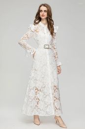 Casual Dresses Fashion Runway Summer Vintage Style Women Flare Sleeve Sashes Button High Waist Lace Hollow Out White Colour Long Dress