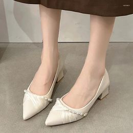 Dress Shoes Summer String Bead Women Pointed Toe Mid Heels 2024 Fashion Elegant Trend Chunky Pumps Female Zapatos