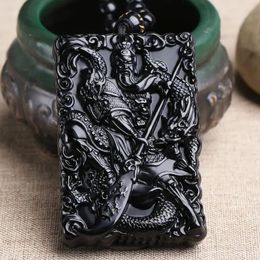 Pendants Doublesided Carved Natural Obsidian Guan Gong Pendant Men's Necklace Wu God of Wealth GuanYu Necklace Luxury Highgrade Jewelry