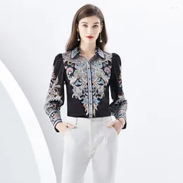 Women's Blouses Women French Fashion Printed Elegant Vintage Shirts 2024 Loose Button Long Sleeve Turn-down Collar Blouse Female Tops