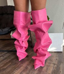 Super Thin High Heel Knee High Boots for Women Fashion Show Winter Boots Shoes Rivet Pointed Denim Boots Metal Button Shoes