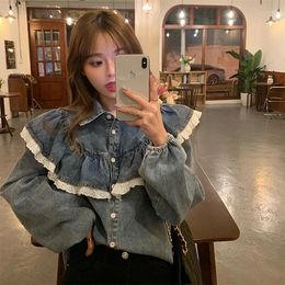 Women's Blouses Fashion Denim For Women Camisas De Mujer 2024 Sweet Ruffles Long Sleeve Overszied Tops Casual Vintage Y2k Shirts 27r632