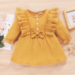 Girl's Dresses Spring Autumn Yellow Dress for 6-36 Months Toddler Baby Girl Cotton Linen Long Sleeve Dress Lace Ruffled Skirt Infant Clothes