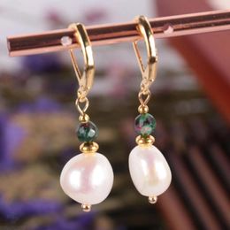 Dangle Earrings 8-9mm Natural White Baroque Pearl Emerald Bead Earring 18k Ear Drop Fashion Hook Classic Gift Jewellery Women