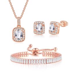 Colored Zircon Wedding Jewelry Set Geometry Square Pendant Ear Stud Earrings Necklace Adjustable Bracelet Valentine's Day Gifts Recommendations 5 Color Choose