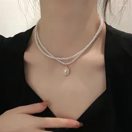 Choker Vintage Baroque Round Pearl Lock Chains Necklace 2024 Geometric Double Layer Chain Pendant For Women Jewellery Girl Gift