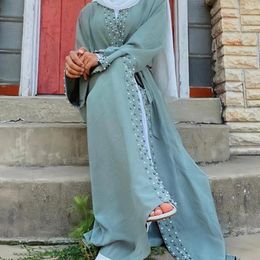 Ethnic Clothing Beaded Open Abaya Muslim Women Eid Ramadan Kimono Cardigan Islamic Belted Dubai Turkey Kaftan Maxi Dress Robe Jalabiya