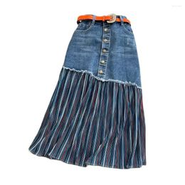 Skirts 2024 Spring Summer Chiffon Stitching Pleated Skirt Women High Waist Slimming Irregular Mid-Length A- Line Denim Faldas