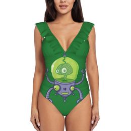 Wear Brainbot Robot With Brain Ruffle Swimsuit Women'S Swimwear Monokini Beachwear Bathing Suits Green Vector Bubble Purple Machine
