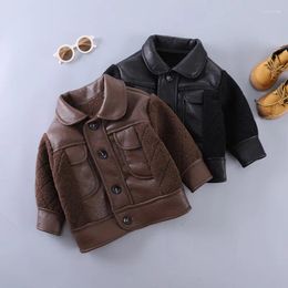 Jackets 2024 Autumn Winter Boys Plush Turn-down Collar Unhooded Outdoors Fashion Outcoat One Piece Jacket