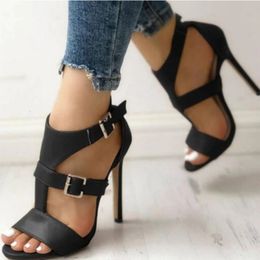 New Women's High Heel Shoes Fashionable Fishbone Buckle Thin High Heel Sandals Casual Solid Color Open Toe Sexy Beach Shoes Salto Alto Femino 240123