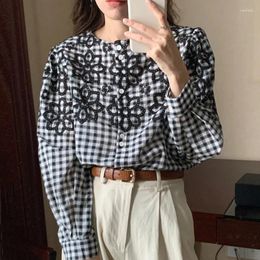 Women's Blouses Clothland Women Stylish Black Plaid Embroidery Blouse Round Collar Long Sleeve Shirt Causal Fashion Tops Mujer LA994