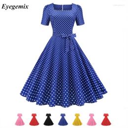 Casual Dresses Polka Dot Vintage Dress Women Summer Elegant Short Sleeve Square Collar A-Line Midi Party Sundress 50s 60s Pinup Vestidos