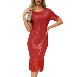 Casual Dresses Women'S Round Neck Short Sleeve Solid Colour Vintage Sequin Fringe Dress Sexy Party Vestidos Para Mujer Elegantes