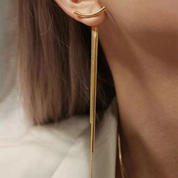 Unique Korean Vintage Glossy Arc Bar Long Thread Tassel Drop 14k Yellow Gold Earrings for Women Geometric Fashion Jewelry Hanging Pendientes