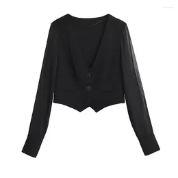 Women's Blouses YENKYE Vintage Women Semi-sheer Long Sleeve Patchwork Vest Style Shirt Black V Neck Ladies Elegant Crop Top