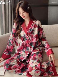 Women's Sleepwear Vintage Red Rose Ice Silk Pyjamas Women Spring Autumn Double Top Shirt Trousers Large Size Loose Outer Wear Home Clothes