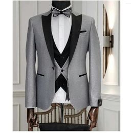 Men's Suits Elegant Shiny Blazer Sets 3 Pieces Black Peaked Lapel One Button Wedding Groom Dress Tuxedo Formal Tailored Made For Men