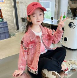 Fashion kids splicing denim jacket girls lapel long sleeve cowboy casual outwear 2024 spring children all-matching clothes Z6846