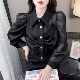 Women's Blouses Ladies Fashion Casual Contrast Stitching Shirts Blouse Women Tops Woman Button Up Shirt Female Girls Long Sleeve Py58378