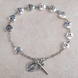 Bracelets 12 Piece I Love Jesus Zinc Alloy Heart Metal Silver Plated Rosary Chain Bracelet