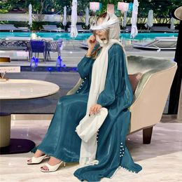 Ethnic Clothing Muslim Women Beads Dress 2 Pieces Set Dubai Satin Kimono Cardigan Robe Long Sleeve Abaya Outwear Morocco Modest Ramadan