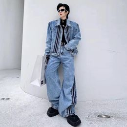 Men's Tracksuits Denim Splice Sets Men Streetwear Vintage Fashion Loose Casual Short Jacket Jeans Pants Suits Man Tracksuit Stage Clothes