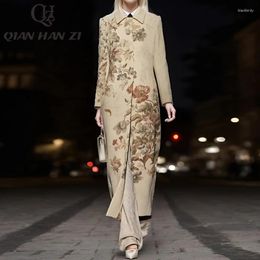 Women's Trench Coats QHZ Designer Printed Fashion Coat Woman Lapel Long Sleeves High Slit Slim Flower Luxury Vintage