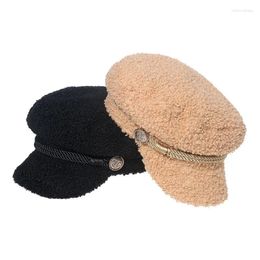 Berets Plush Autumn Winter Beret Hat For Women Girl Japanese Korean Vintage Military Cap Warmer Sboy Caps Flat Top With Chains