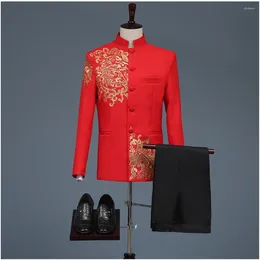 Men's Suits Red Embroidered Chinese Men Suit Stand Collar 2 Pieces Stage Cloth Wedding Groom Prom Host Vintage Blazer Sets