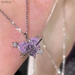 Pendant Necklaces New Fashion Y2K Crystal Heart Planet Pendant Necklace for Women Zircon Aesthetic Charm Clavicle Chain Party Girl Jewellery Gifts YQ240124