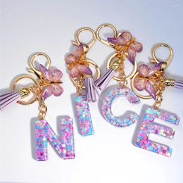 Keychains Purple Letters A-Z Dreamy Sequin Keychain Women Tassel Butterfly Pendant Initial Keyring Suspension Bags Charms Car Key Chain