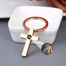 Chains Personalized Photo Projection Key Chain Custom Stainless Steel Cross Keyring for Women Men Memory Birthday Christmas Gift